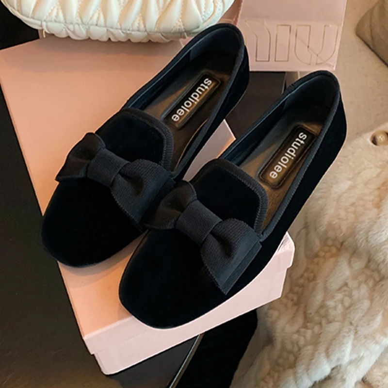 

Flats Bow Women Loafer Shoes Square Toe Shallow Dress Suede Shoes 2024 Fashion New Walking Spring Casual Cozy Zapatos Female