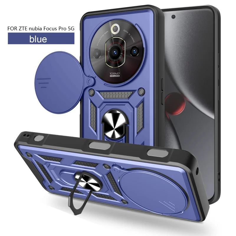 ZTE Nubia Focus Pro 5G Protective Case with Slide Lens Cover and Magnetic Ring Holder Armor Design