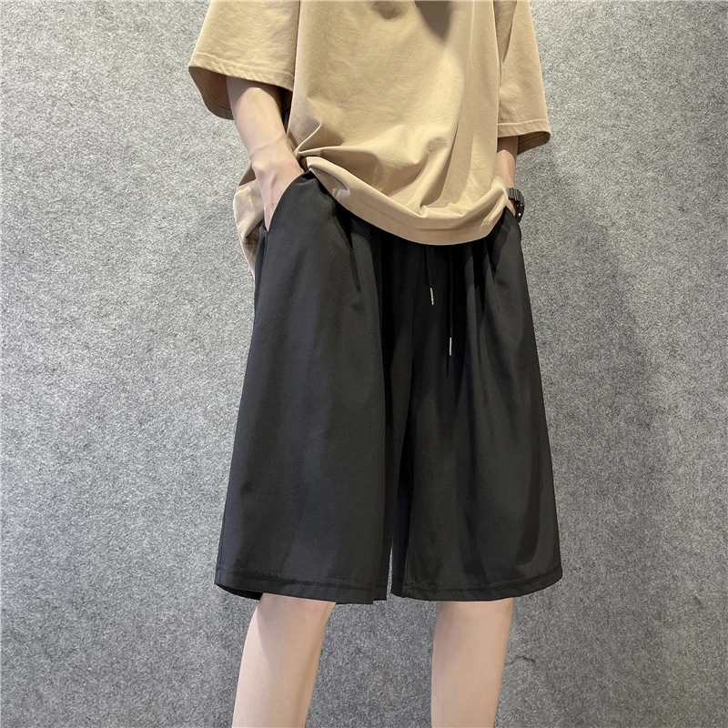 Gray Men Japanese Shorts Polyester Running Sport Shorts Men Casual Summer Elastic Waist Anti-Wrinkle Suit Draped Short Pants