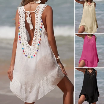 Women V-Neck Backless Hollow Out Short Dress Crochet Splicing Wooden Ear Dress With Colored Balls Beach Swimsuit Cover Up 1