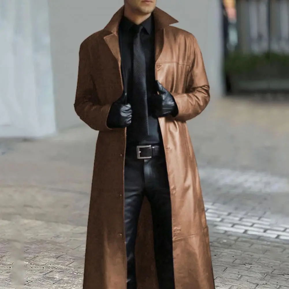 Trench Coat Casual Men Jacket Men Faux Leather Jacket Stylish Men's Faux Leather Trench Coat With Turn-down Collar Windproof Design Slim Fit