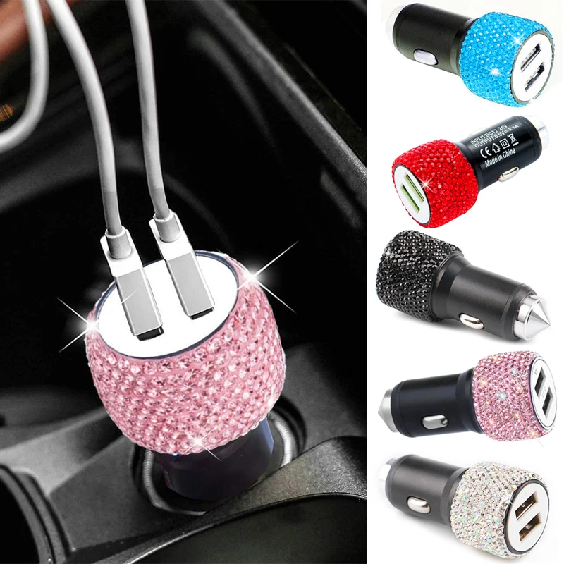 

Dual USB Car Charger Mobile Phone Tablet GPS Fast Charger Crystal Diamond Phone 3 Data Line Wire in Car Decors Cigarette Lighter