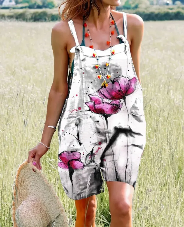 Women's Jumpsuit Shorts 2023 Summer Retro Print Back Strap Wide Leg Jumpsuit Shorts Fashion Casual Jumpsuit