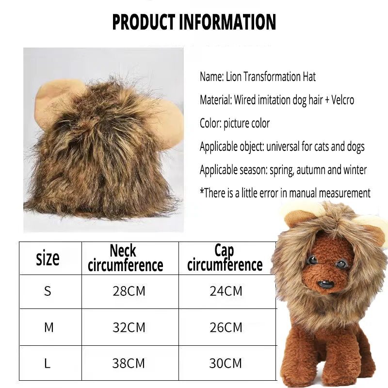 Cute Lion Mane Cat Wig Hat For Dogs And  Small Dog  Decor   Costume Funny Hair Cap  Accessories Pet Kitten