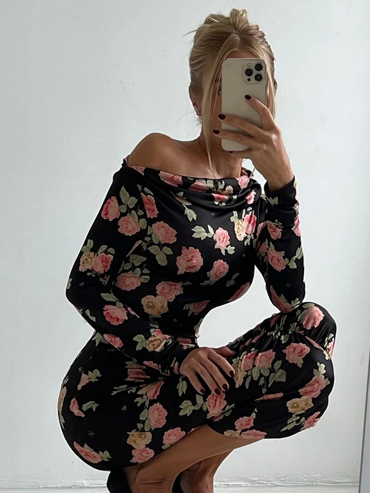 Nibber Rose Print Dress Women Asymmetrical Collar Peach Buttocks Folds Long Sleeve Elegant Banquet Stretch Hipster Vestidos