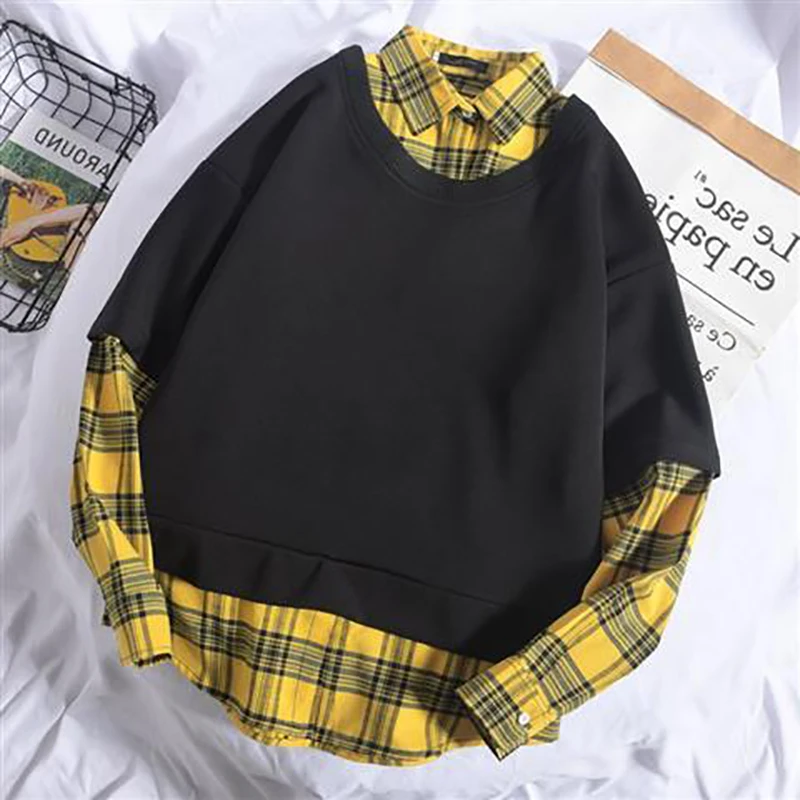Fake Two Spliced Plaid Print Long Sleeve Men Sweatshirt Korean Fashion Casual Harajuku Oversized Couples T Shirt High Street Top