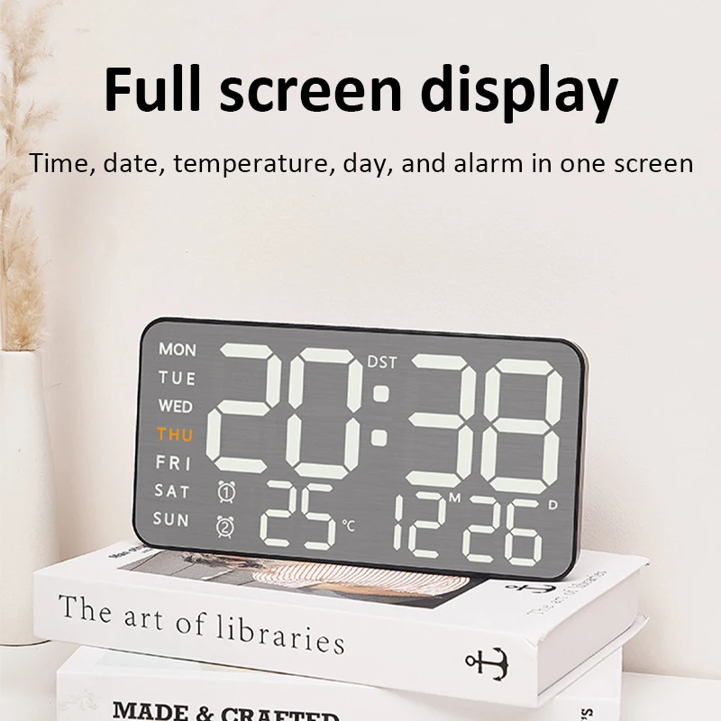 Wall Clock Mirror Brushed Finish Silent Table Alarm Temp Display Bedroom Office Living Room Decor