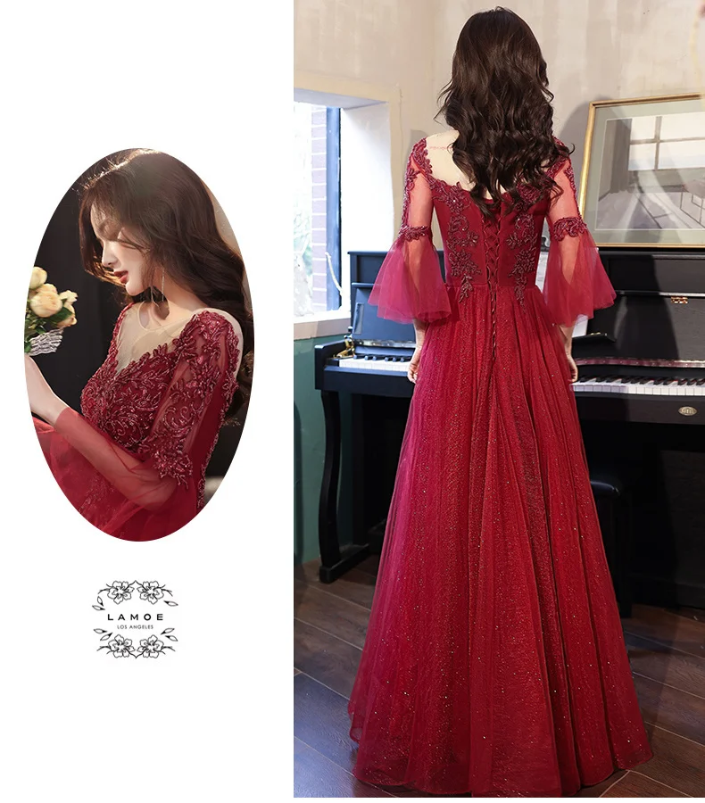 party gown Wine Red Evening Dresses For Wedding 2021 Elegant O-neck A-line Floor-length Tulle Long Sleeve Prom Gowns With Appliques black evening gowns