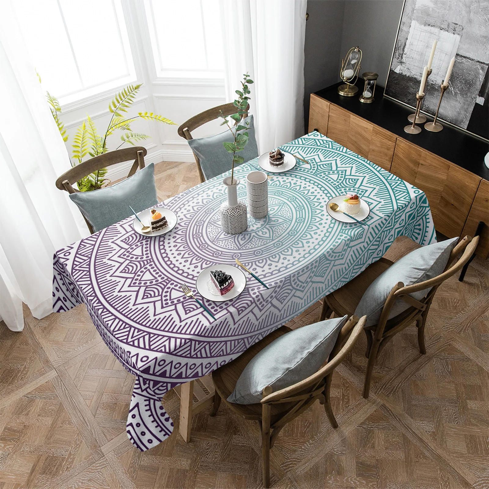

Водонепроницаемая скатерть с геометрическим градиентом, фиолетовая Бирюзовая мандала, декоративная прямоугольная ткань для кухонного стола