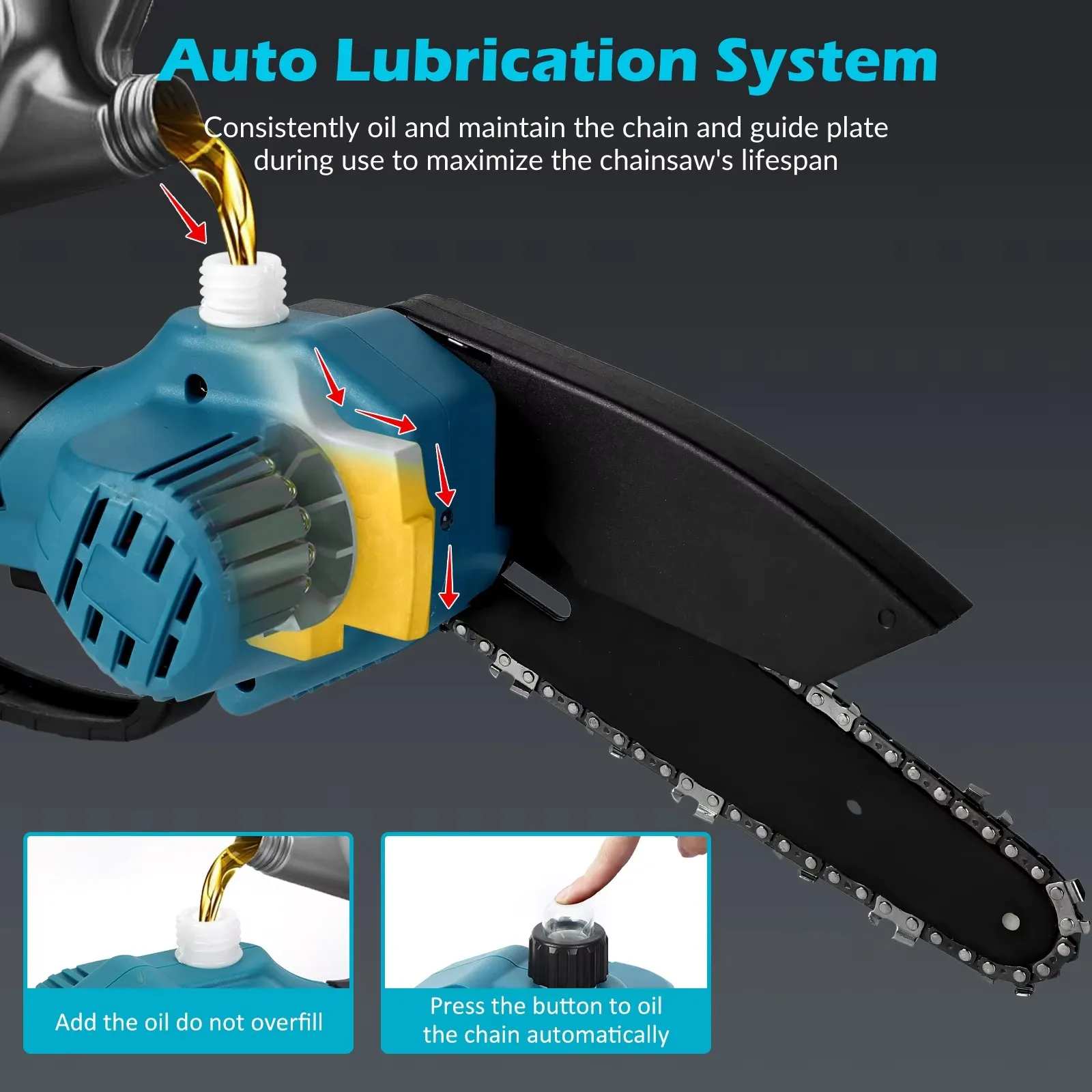 Koopa Tool 6-inch mini brushless electric chain saw, safety lock & automatic oiling system for wood cutting/branch pruning 4