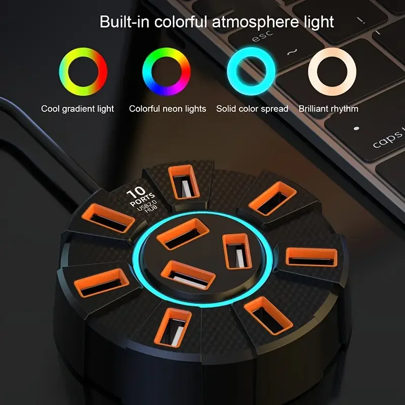 1.2m 7-Port/10-Port USB Hub with Colorful Light Type-C Port for Laptops, Keyboards, Mice, U Disk & Hard Drive Expansion USB Hub