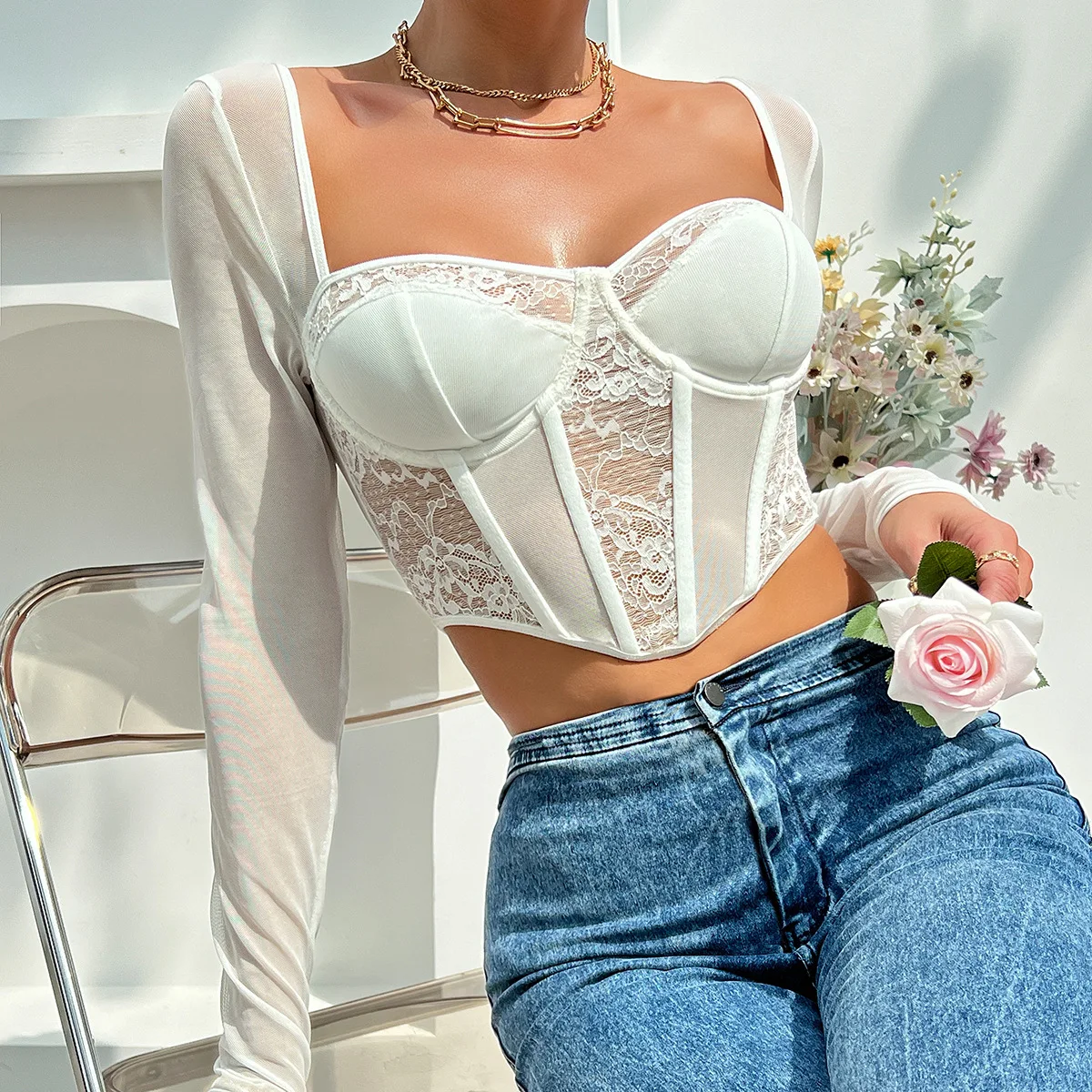 

Mesh Long Sleeve T-shirts Women Crop Top Y2K Clothes 2023 Autumn Casual White Skinny Black Basic Tee Corset Pulovers T Shirt