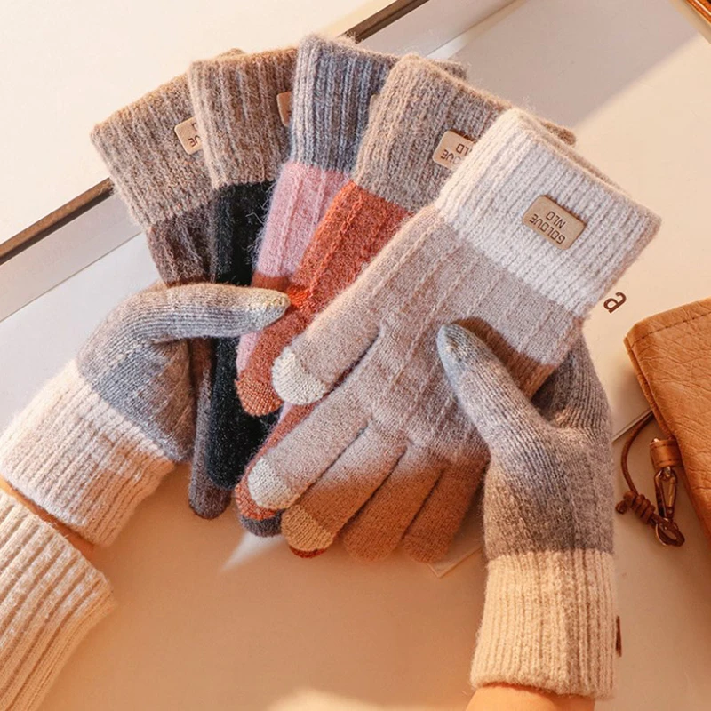 

Winter Warm Gloves Touch Screen Gloves Leather Label Stretch Knit Mittens Wool Full Finger Guantes Female Crochet Glove