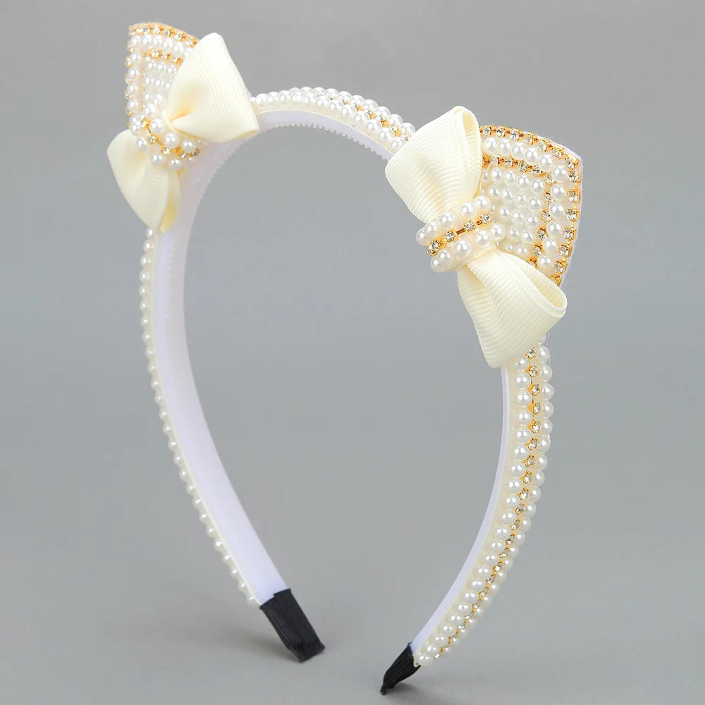 Cat Ear Headband - Cute Pearl Bow Hair Hoop for Girls