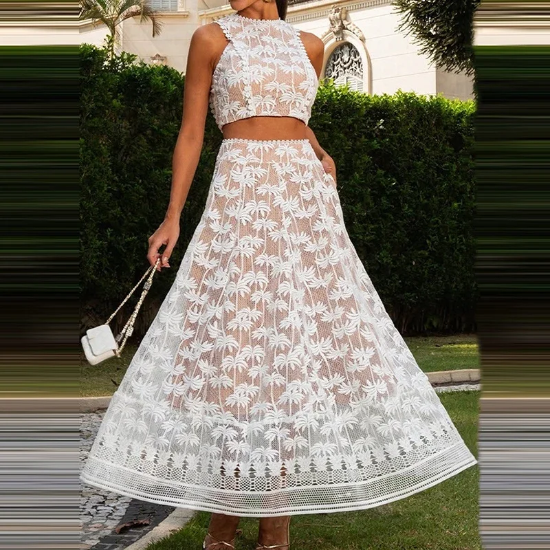 Women 2025 Solid Embroidery Two Piece Dresses Suit Lace Vacation Outfit  Summer Fashion O-Neck Sleeveless Tops&Long Skirts Set - AliExpress 200000345