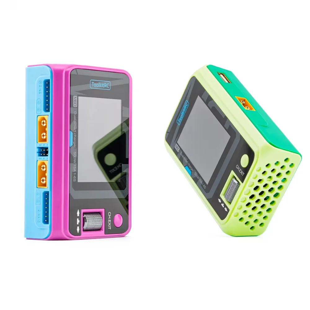 ToolkitRC M6D Green Pink 500W 15A DC Dual Channel Smart Charger Discharger For 1-6S LiPo LiHV LiFe Lilon Battery FPV Drone lipo battery charger drone battery charger
