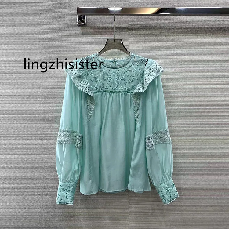 

Женская Весенняя блузка 2023, Женская ажурная рубашка с вышивкой и оборками, рубашка с длинным рукавом, Новое поступление