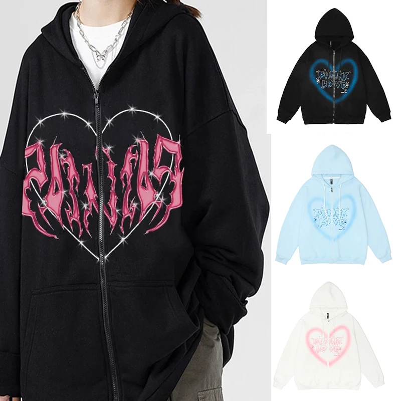 

Y2k Women Shirt Hoodies New Zip Up Cotton Grunge Sweatshirts Hoodie New Print Hooded Japanese Y2k Clothes Lady Zip Up Hip Hop