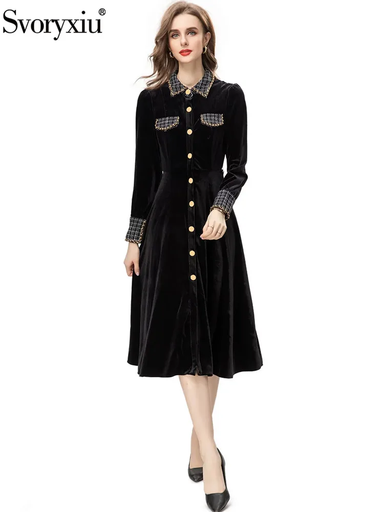 

Женское однобортное платье Svoryxiu, черное ТРАПЕЦИЕВИДНОЕ ПЛАТЬЕ с отложным воротником, металлическими цепочками и карманами на осень 2019