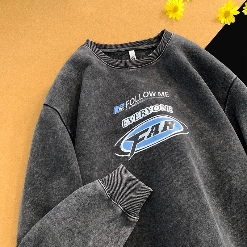 2024 Spring Retro Washed Old Sweatshirts For Men Hip-hop Graphic Printed Round Neck Tops Y2k Unisex Sweatshirt