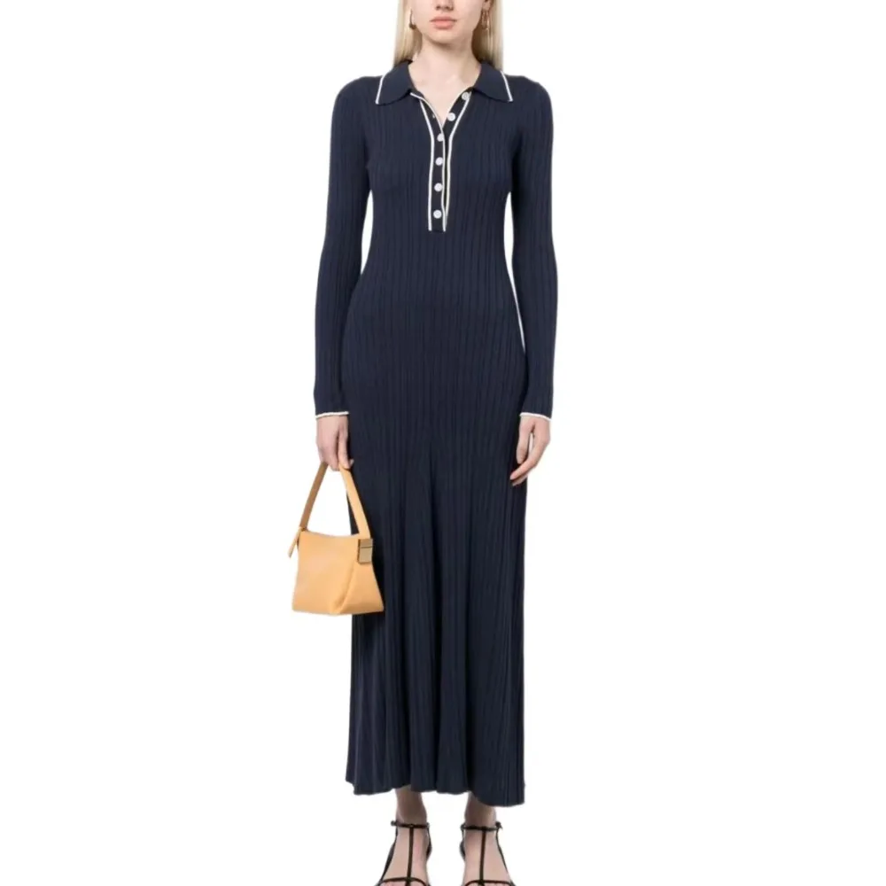 

2023 Autumn New Women High Quality Light Mature Temperament Color Encrusted Skinny Lapel Knit Dress Fashion Elegant Long Skirt