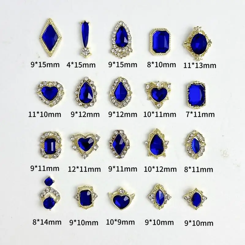 10PCS 절묘한 합금 클라인 블루 유리 다이아몬드 네일 매력 DIY 만들기위한 여러 스타일 네일 라인 석 네일 아트 장식