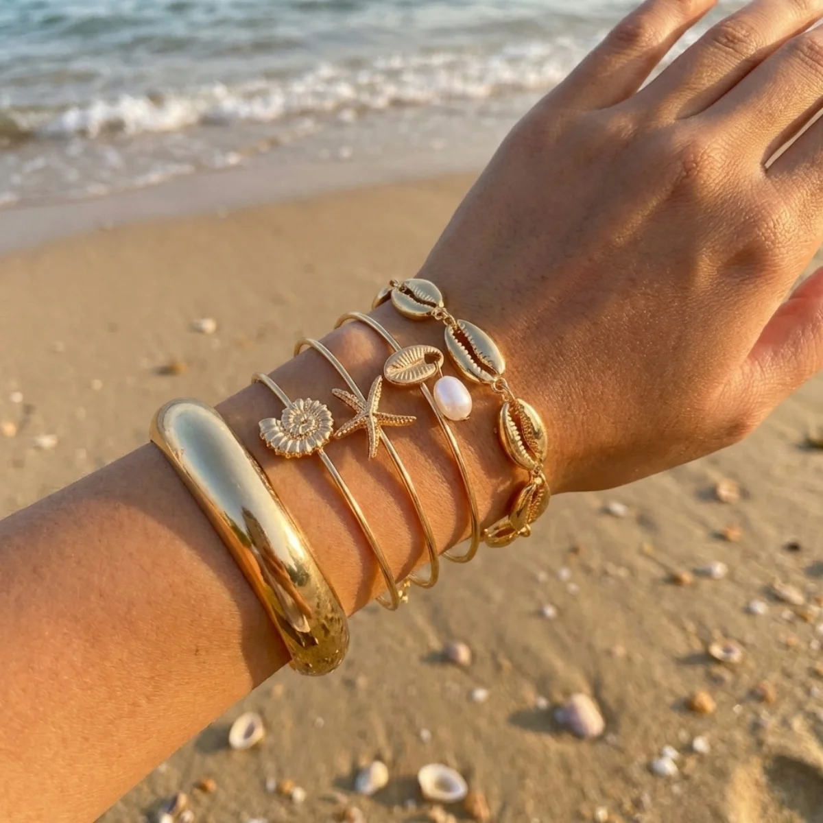 Böhmisches Mehrschichtiges Seestern-Muschel-Armreif-Set für Damen und Herren, Sommer-Strand-Urlaub, klobiger Armreif, Party-Schmuck