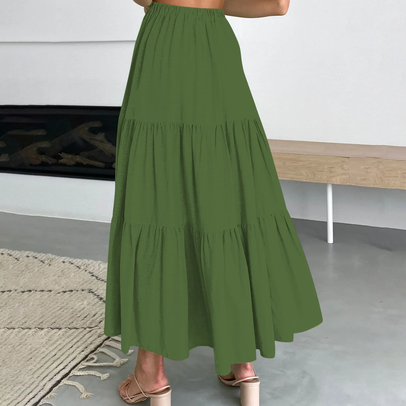 

Summer Boho Half Skirts Women Autumn Pleated Elastic High Waist patchwork A Line Long Skirt Lady Casual Beach Streetwear faldas