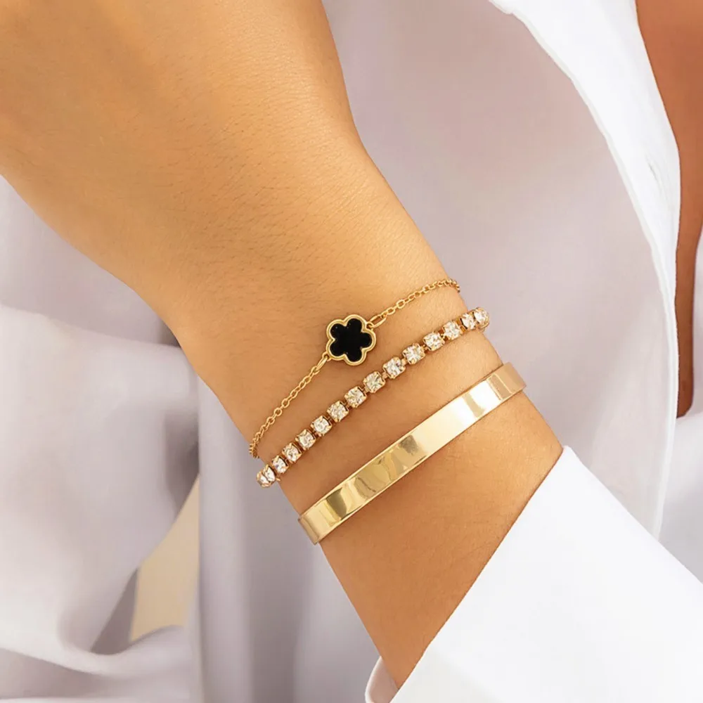 3pcs/Set Fashable Rhinestone Clover Pendant Bracelet Set for Women Golden-Tone Geometric Smooth Bangle Party Jewelry Gifts
