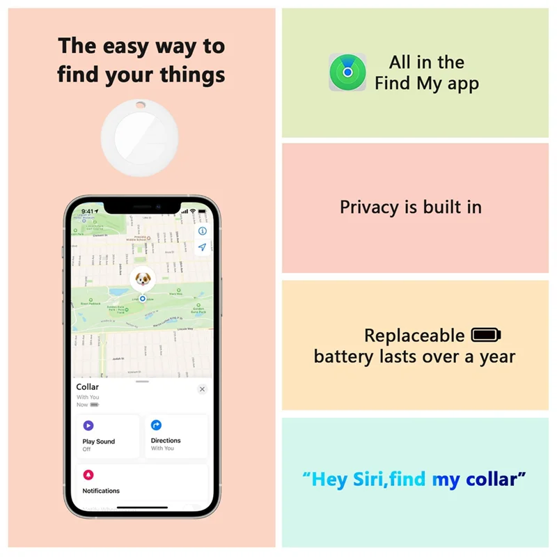Location Pet Tracking Smart Collar Waterproof Only Works With For Find My Silver