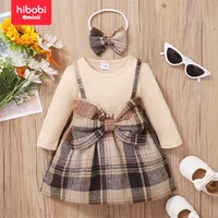 hibobi Autumn 2-Piece Set Baby Girl Plaid Print Bow Decor Color-Block 2 In 1 Dress With Headband For 1-3 Year Old Baby Girls 1