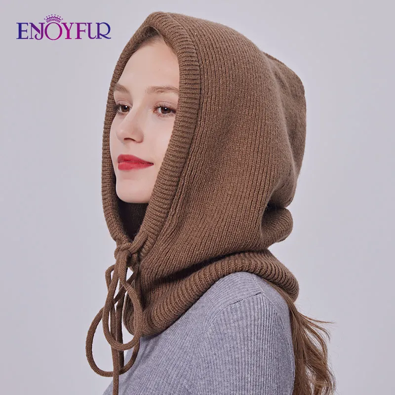 ENJOYFUR Women Balaclava Hats Unisex Knitted Hooded Caps Outdoor Warmer Drawstring Hats One-Piece Neck Collar Beanies Cap 2