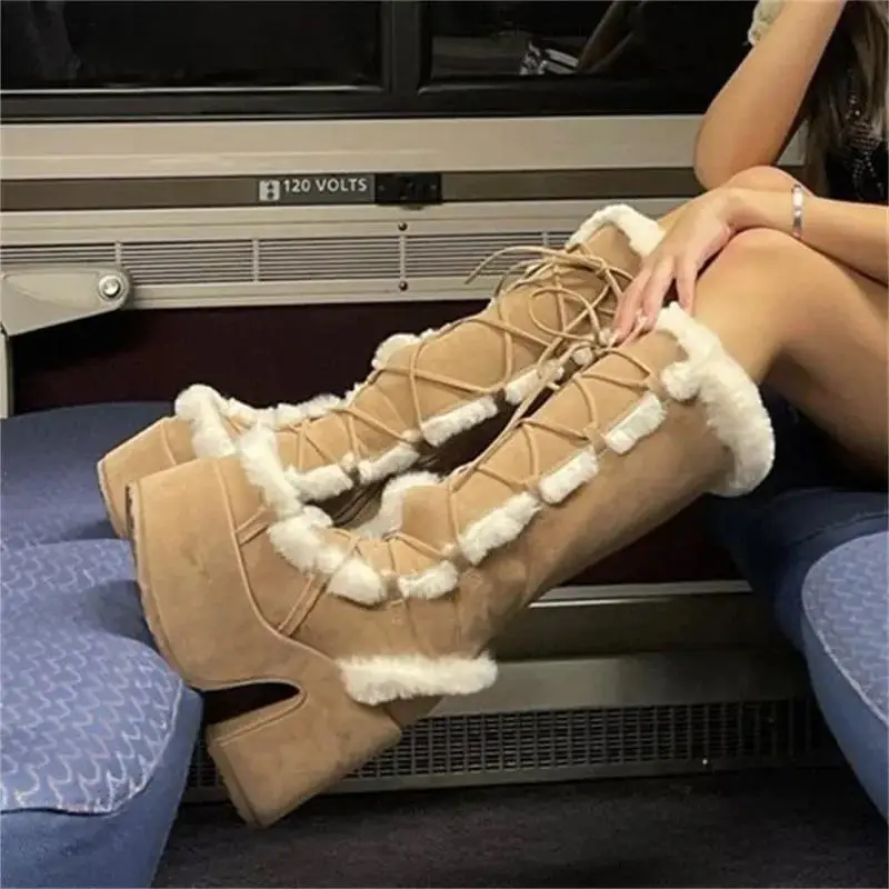 

Женские зимние ботинки на танкетке, теплые Нескользящие ботинки до середины икры из искусственного меха на платформе и высоком каблуке