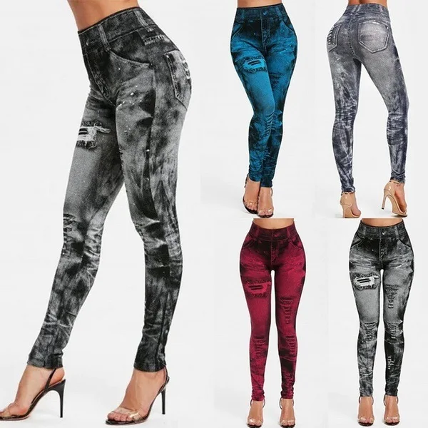 

Summer Seamless Fake Holes Bunching Imitation Denim Bottoms Female External Wear High-waisted Yoga Nine-minute Pants Female