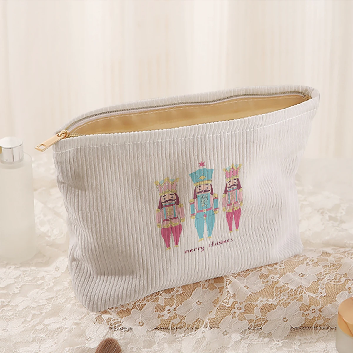 1 Christmas themed corduroy makeup bag, lightweight zipper makeup storage box, multifunctional bag with lining