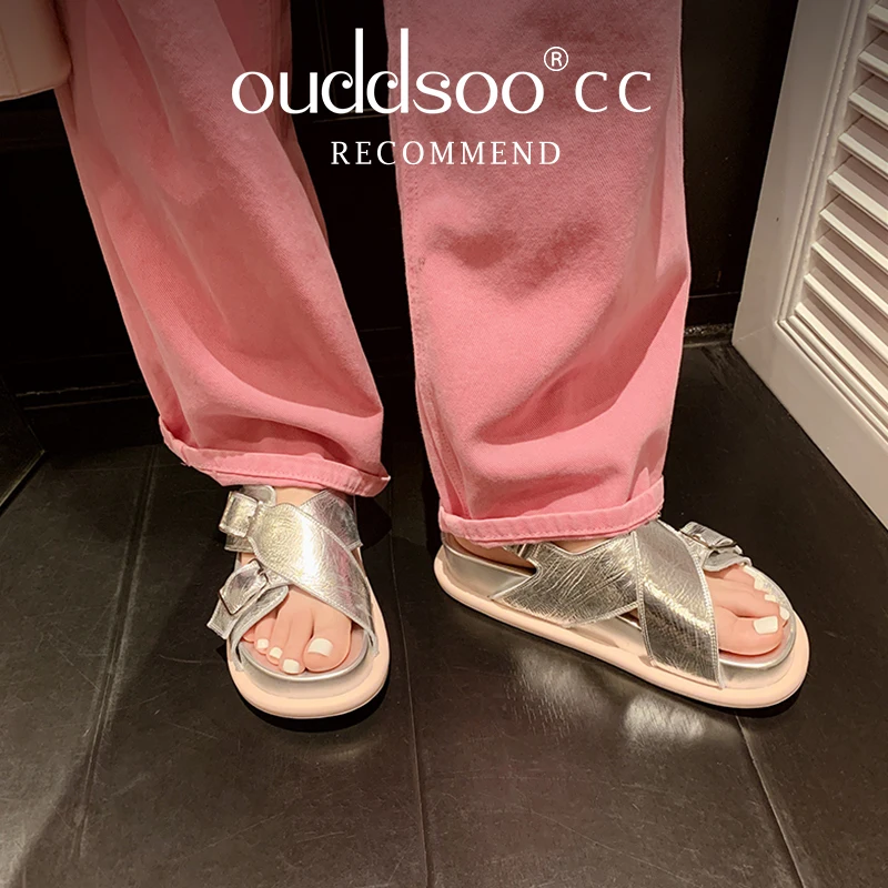 Ods Flat Bottom Thick Bottom Hollow Sandals Women'S Canvas Metal Buckle Open-Toe Sandals Comfort Summer Seaside Holiday Shoes 40