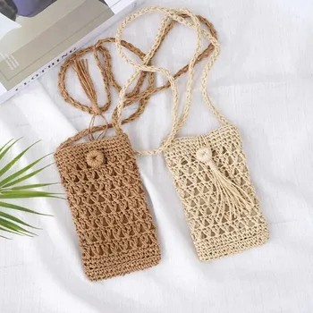 Nuova Borsa a Tracolla Stile Boho, Piccola Borsa Quadrata, Mini Porta Cellulare, Beige Kaki, Borsa Intrecciata a Mano, Uso Casual