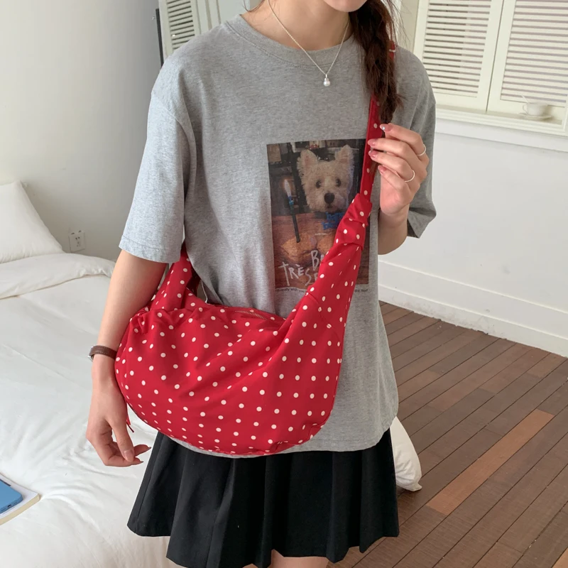 Borsa a tracolla da donna a pois, morbida e leggera in nylon, con tracolla regolabile, casual, di grande capacità