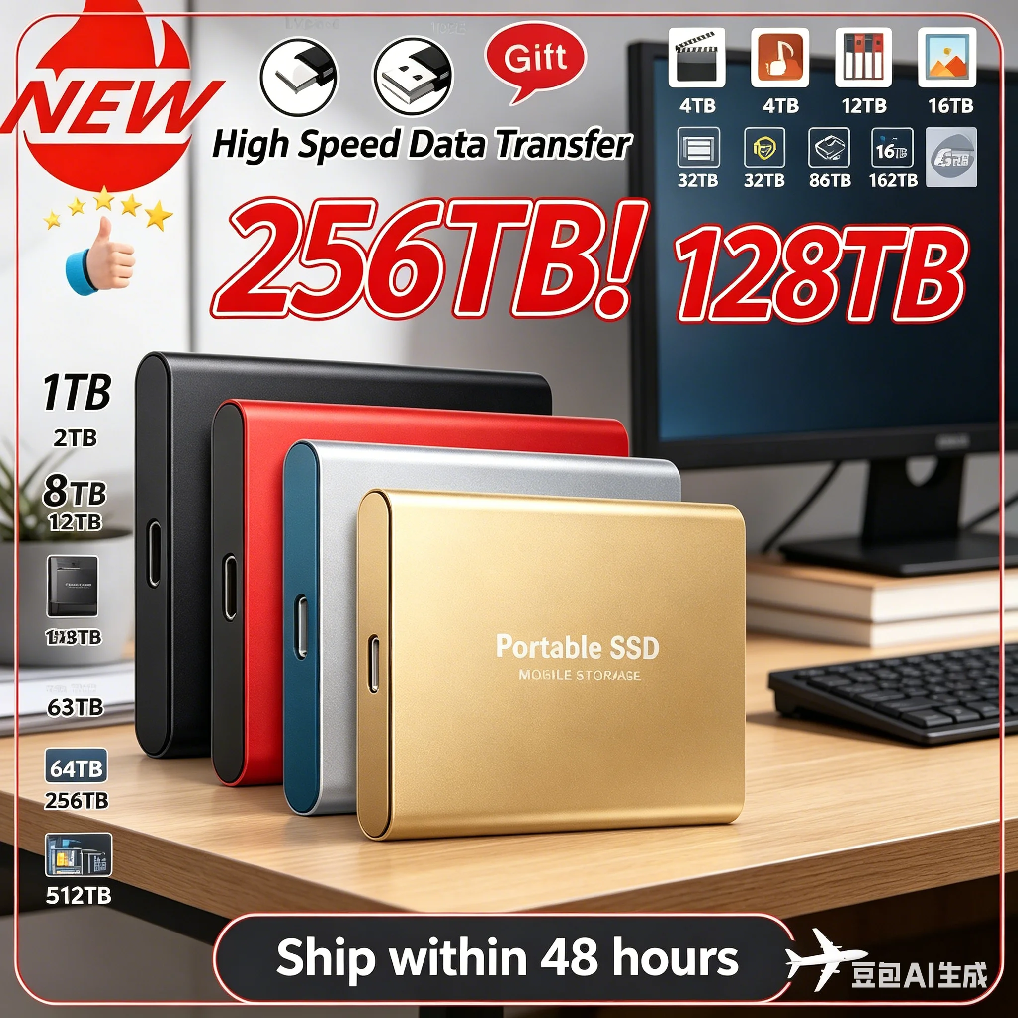 Disco duro externo USB 3,1 tipo C, 1TB, 2TB, 4TB, almacenamiento portátil de gran capacidad y alta velocidad para PC, Mac, portátil, teléfono inteligente 1