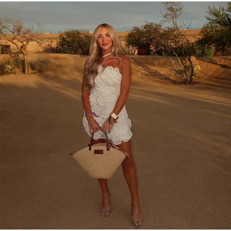 Knit 3d Flower Mini Dress Women Sexy Slim Hollow Out Hip Package Skew-collar Halter Beach Dresses Holiday Party Lady Robe