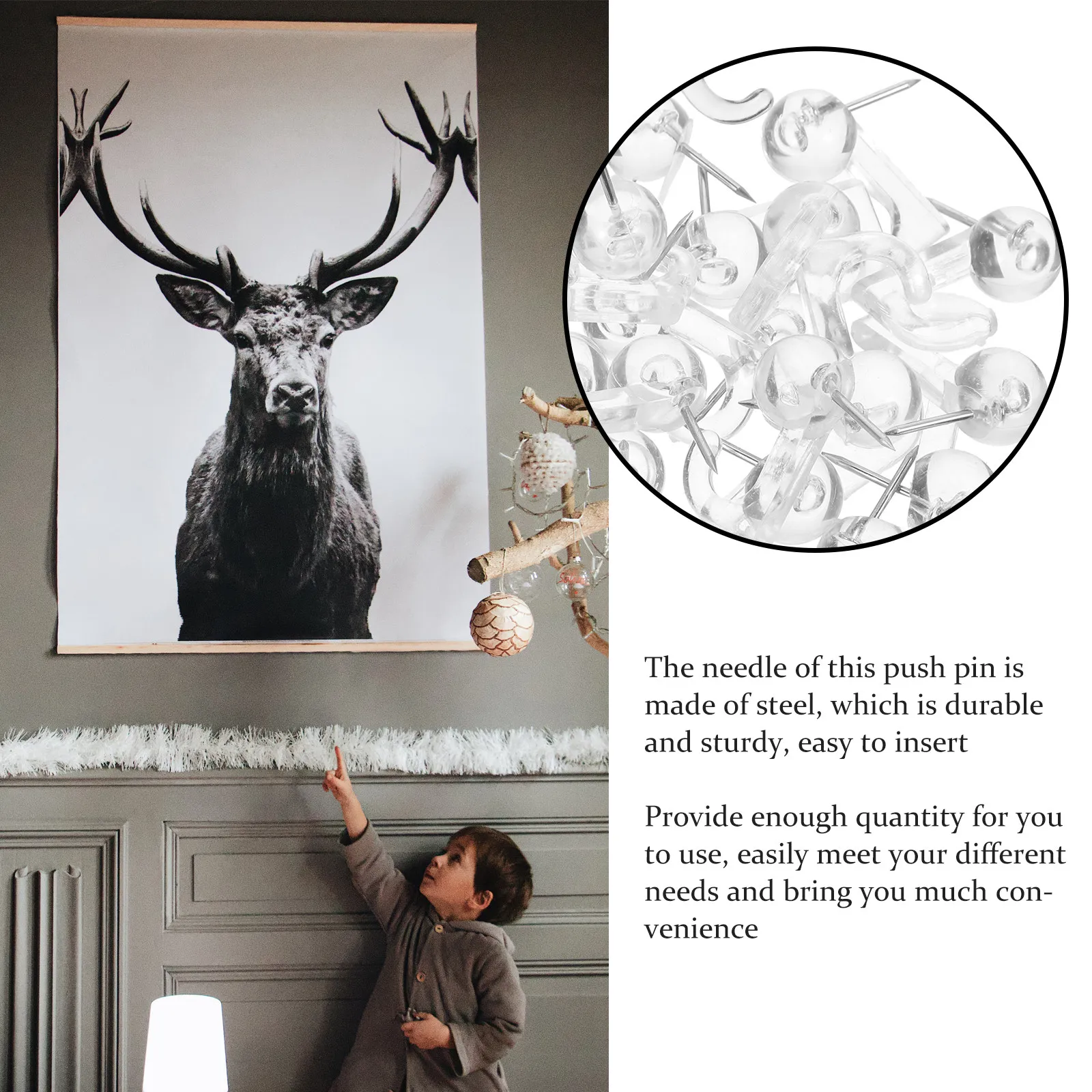 50개 스틸 푸시핀 훅, 벽 코르크보드 게시판 걸이용 장식 그림 걸이용 고하중 헤비듀티 압정, 벽핀