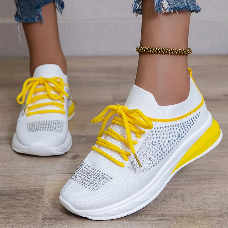 

2023 New Crystal Breathable Mesh Casual Shoes Women 2023 Summer Lace Up Platform Sneakers Woman Plus Non-slip Sports Shoes 35-43