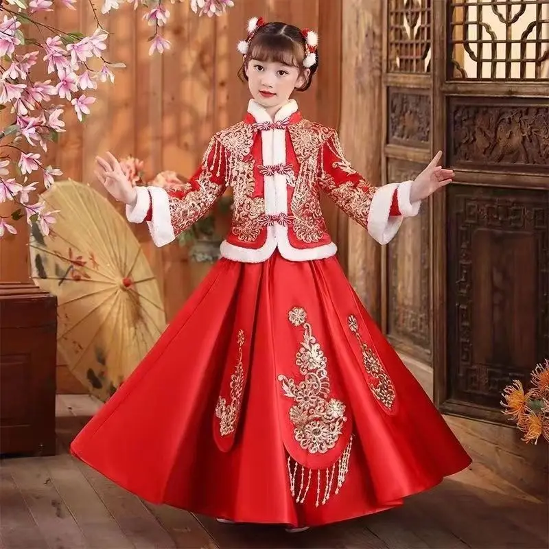 

Осенне-зимний наряд для девочек Hanfu 2023, утепленное и флисовое платье принцессы из двух частей, китайский новогодний костюм для детей