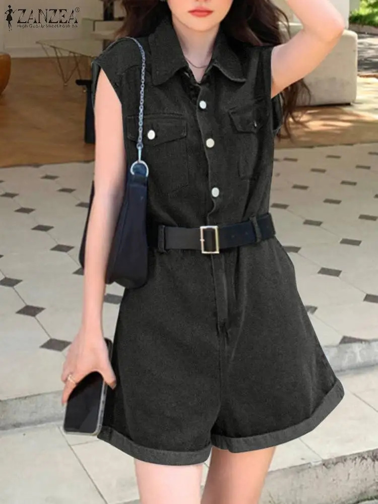 

ZANZEA Fashion Sleeveless Summer Jumpsuit Woman Elegant Lapel Neck Rompers Female Vintage OL Work Playsuits Female Solid Pants