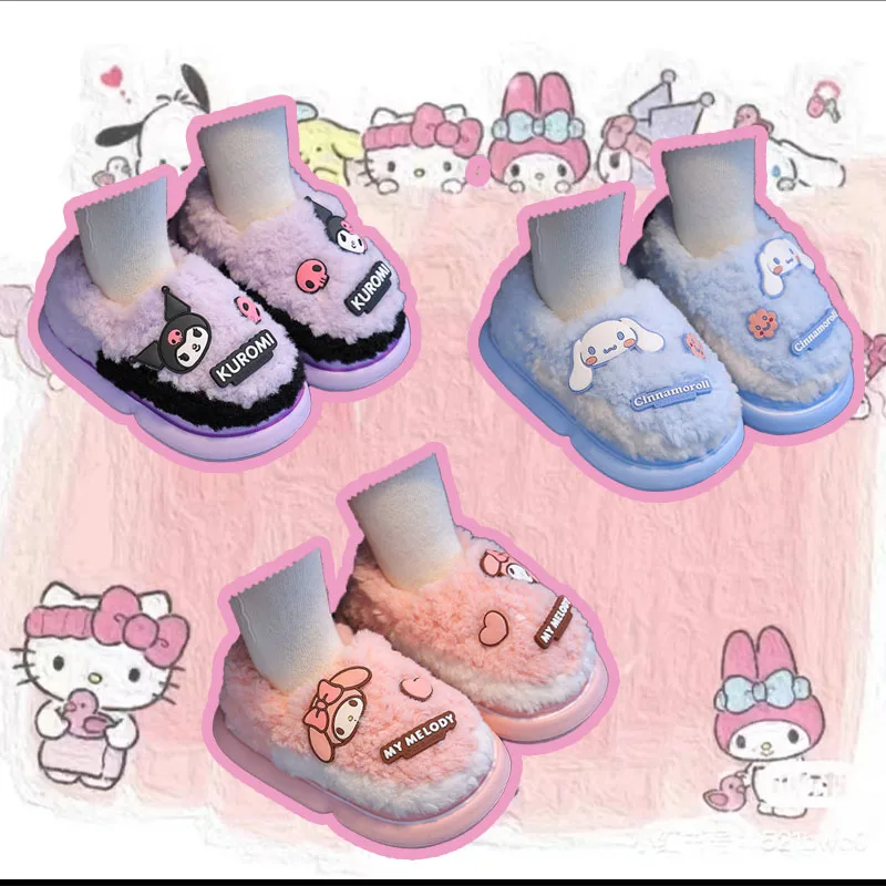 

Anime Sanrioed Kuromi Cinnamoroll Melody Kids Cotton Slippers Boy Girl Cartoon Plush Slippers Home Outdoor Winter Non Slip Warm