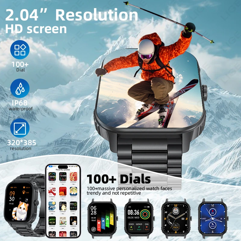 LIGE 1000mAh Large Capacity Battery Smart Watch Men Outdoor IP68 Sports Fitness Tracker Voice Calling 2.04" HD Women Smartwatch