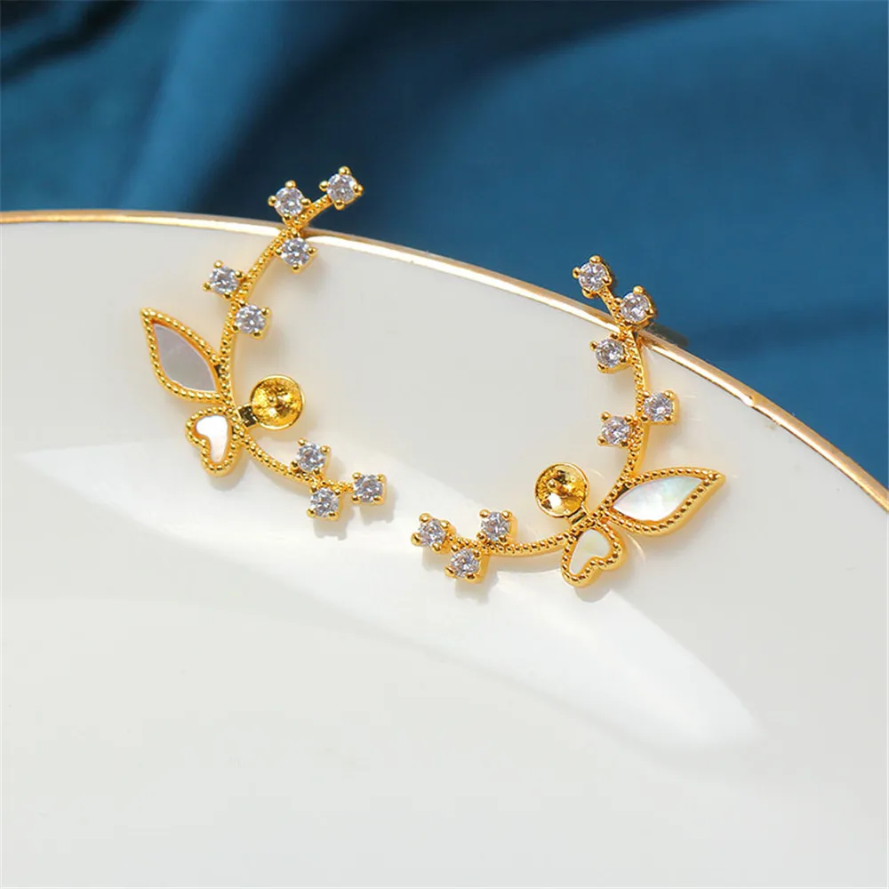 

Domestic 14K Gold Wrapped Butterfly Zircon Garland Pearl Stud Earrings Accessories Ear Pins S925 Silver DIY Temperament Women