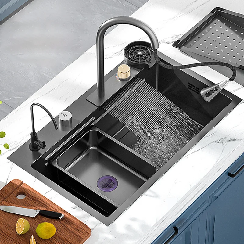 Fregadero de cocina en cascada, fregadero de cocina de acero inoxidable  negro, multifuncional, grande, fregadero moderno de alta calidad con  montaje
