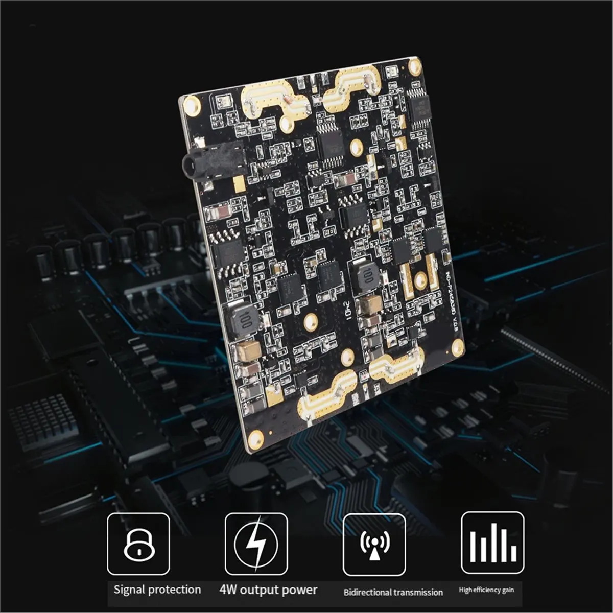 Amplificateur de signal drone double bande 2.4G/5.8G 4W installé sur un drone, câbles et antennes connectés.