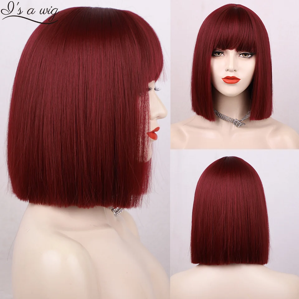 I's a wig Synthetic Bob Wigs Short Straight Red Wigs with Bangs for Women Black Pink Purple Brown Cosplay Hair for Party Daily